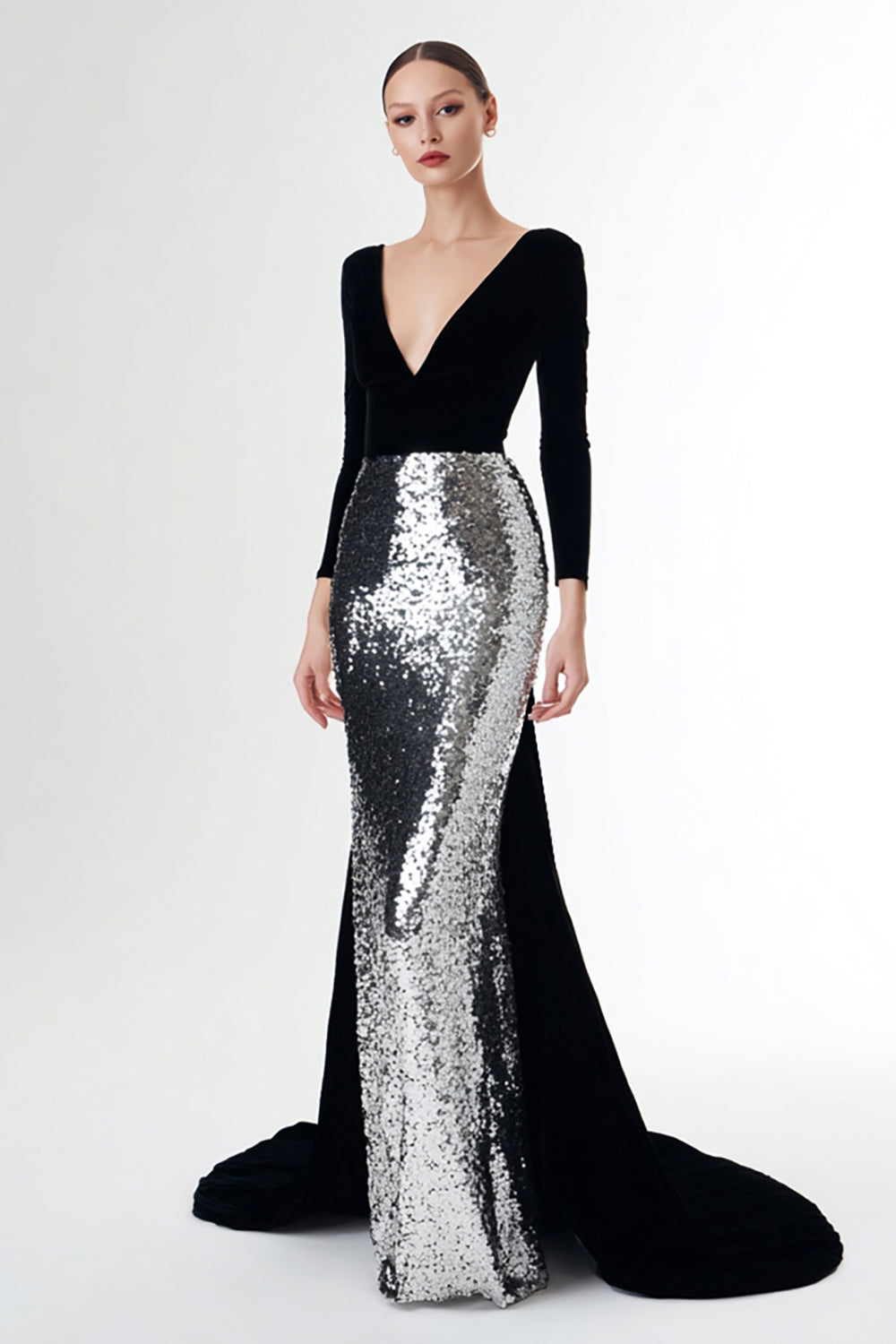 Zapakasa Women Sparkly Black and Silver Velvet Long Holiday Party Dress with Sleeves V-Neck Mermaid Formal Dress with Sequins Zapakasa Women Sparkly Black and Silver Velvet Long Holiday Party Dress with Sleeves V-Neck Mermaid Formal Dress with Sequins