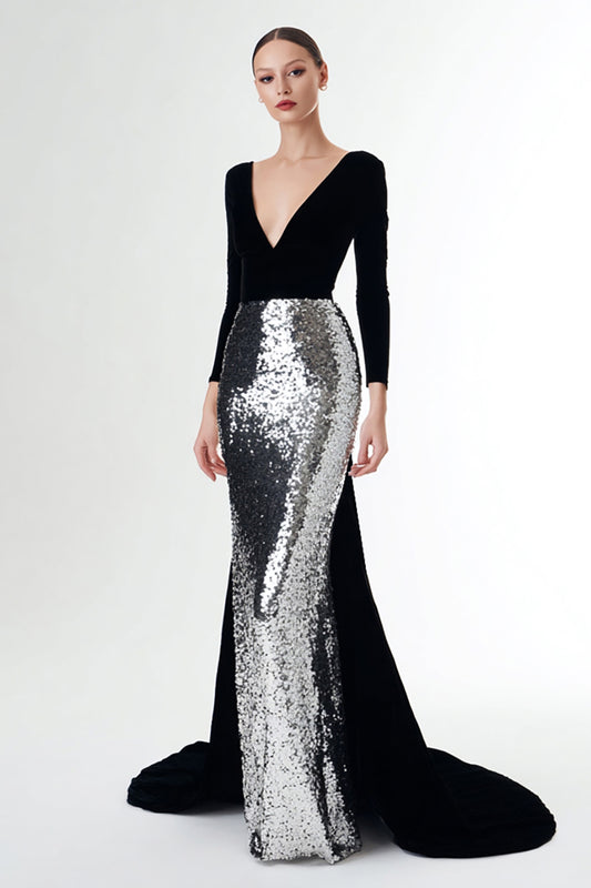 Sparkly Black and Silver V-Neck Long Holiday Party Dress with Sleeves