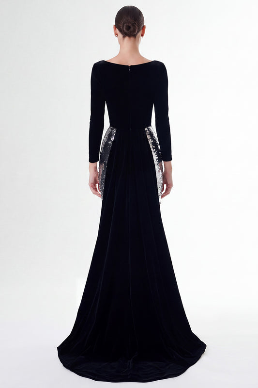 Sparkly Black and Silver V-Neck Long Holiday Party Dress with Sleeves