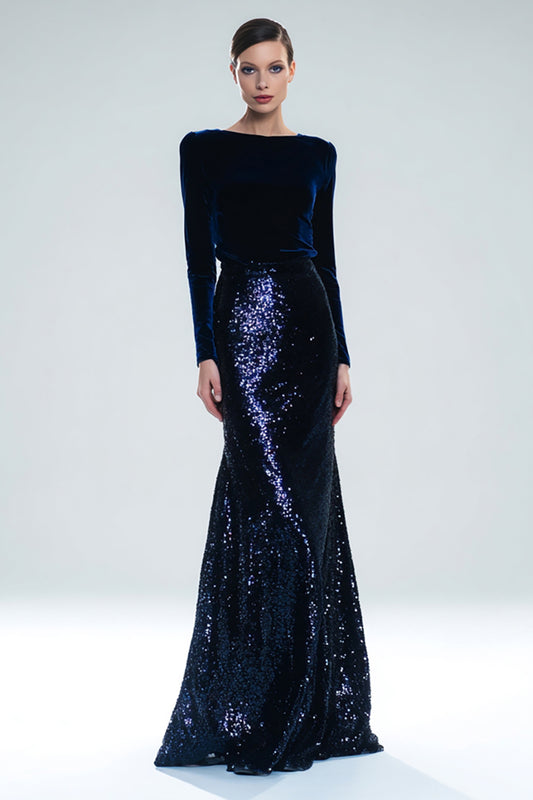 Sparkly Navy Bateau Neck Mermaid Long Holiday Party Dress with Sleeves