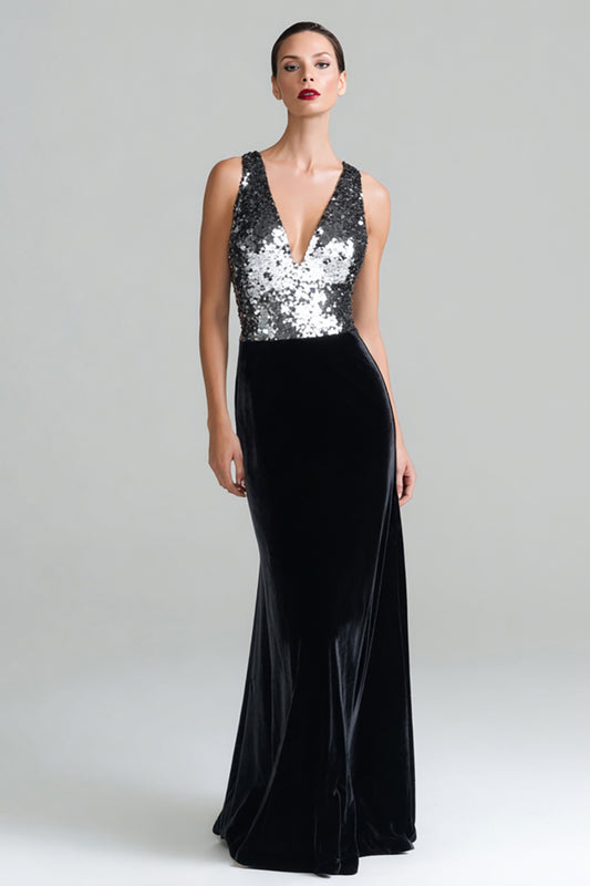 Sparkly Black and Silver Velvet V-Neck Long Holiday Party Dress with Sequins