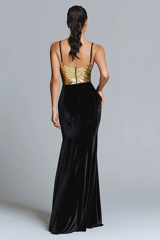 Sparkly Gold and Black Mermaid Velvet Long Holiday Party Dress with Sequins