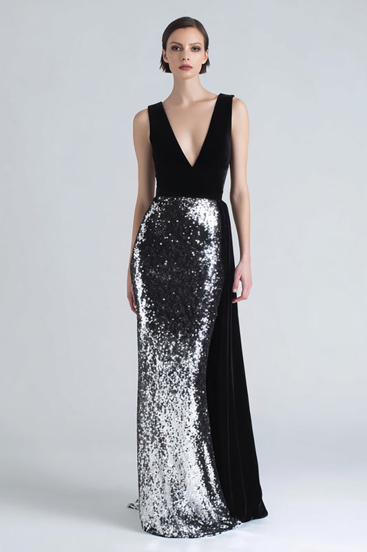 Sparkly Black and Silver Mermaid Long Holiday Party Dress with Side Cape