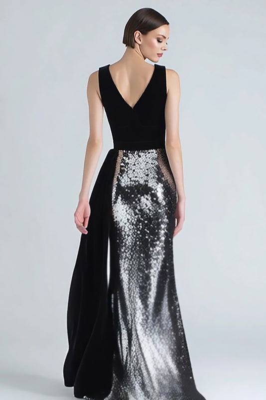 Sparkly Black and Silver Mermaid Long Holiday Party Dress with Side Cape