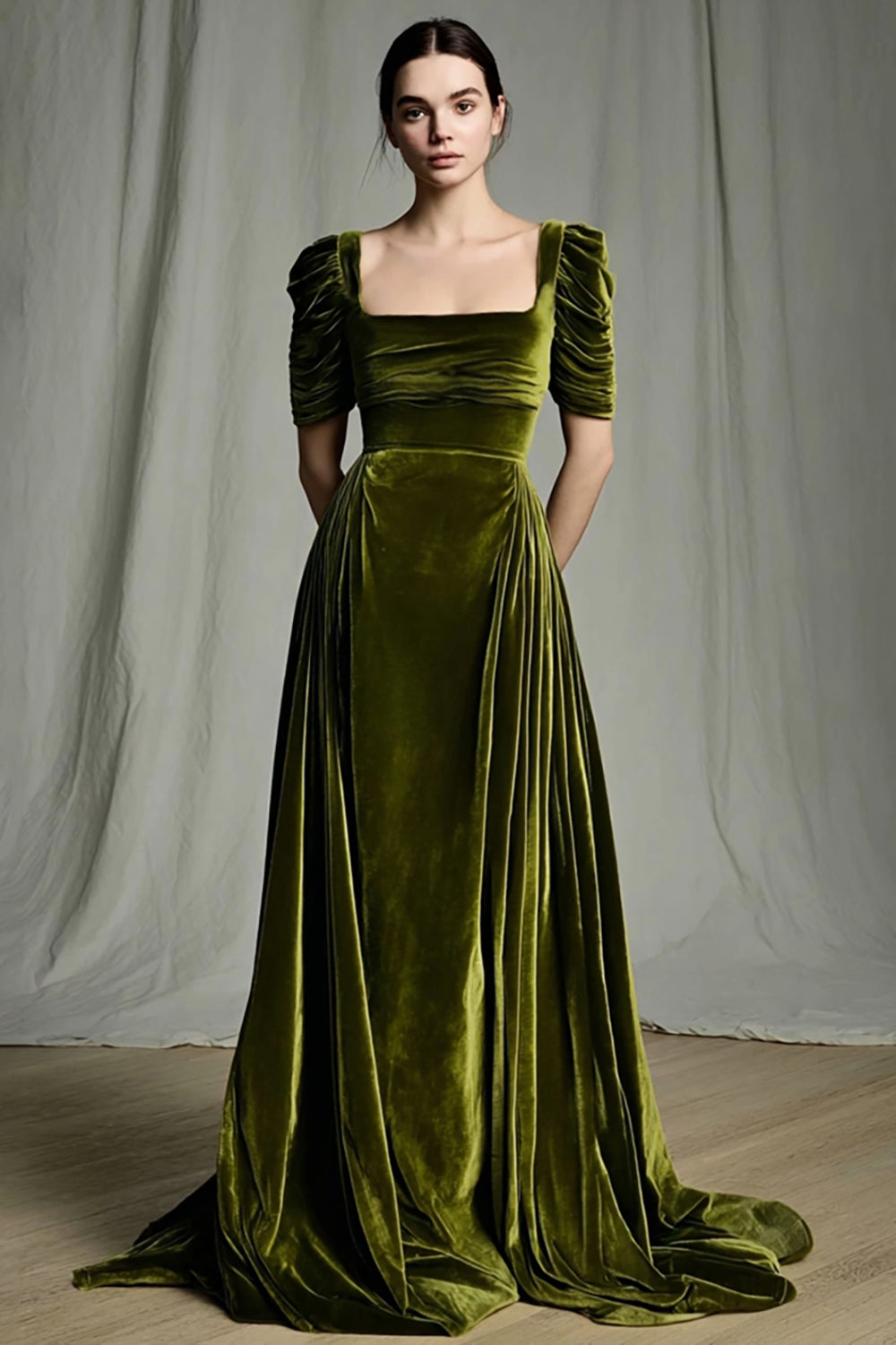 Zapakasa Women Olive Velvet Long Holiday Party Dress with Sleeves Square Neck A Line Formal Dress Zapakasa Women Olive Velvet Long Holiday Party Dress with Sleeves Square Neck A Line Formal Dress