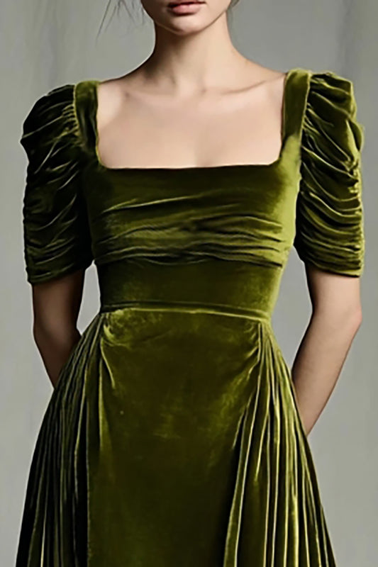 Olive A Line Velvet Square Neck Long Holiday Party Dress with Sleeves