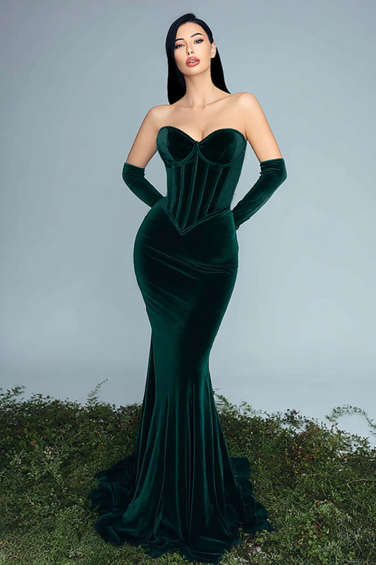 Dark Green Corset Velvet Mermaid Long Holiday Party Dress