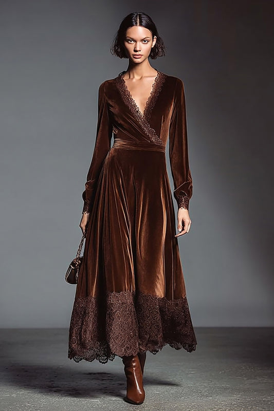 Coffee Velvet V-Neck Long Sleeves Holiday Party Dress with Lace
