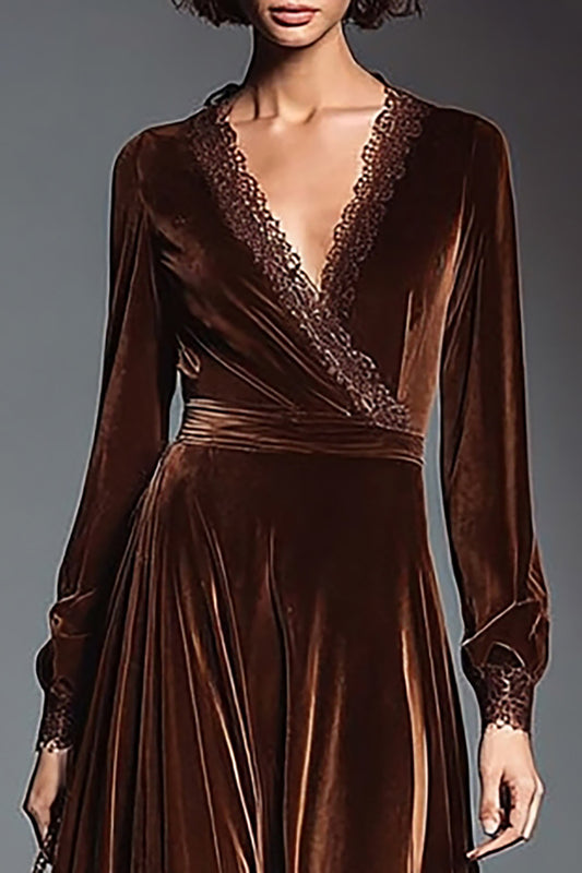 Coffee Velvet V-Neck Long Sleeves Holiday Party Dress with Lace