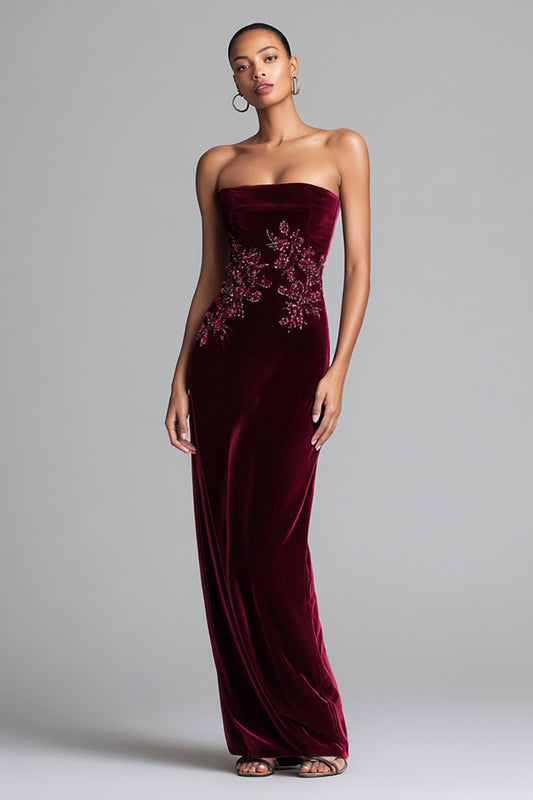 Burgundy Strapless Velvet Floral Long Holiday Party Dress