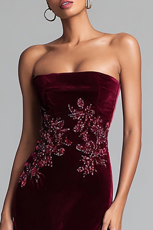 Burgundy Strapless Velvet Floral Long Holiday Party Dress