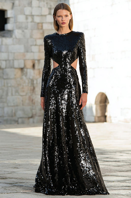 Sparkly Black Cut Out Sequin Long Sleeves Holiday Party Dress