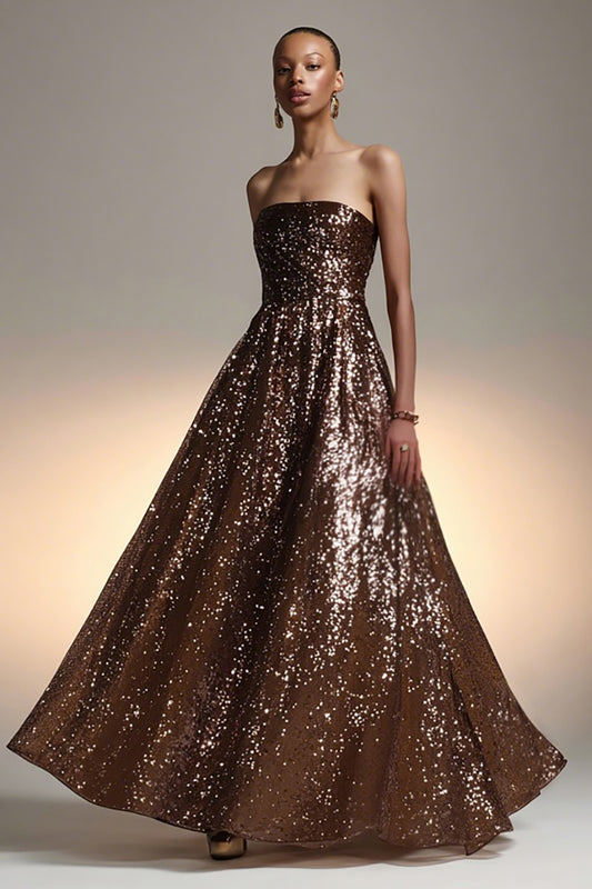 Sparkly Brown Sequin A Line Strapless Long Holiday Party Dress