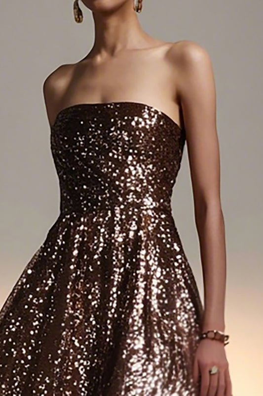Sparkly Brown Sequin A Line Strapless Long Holiday Party Dress