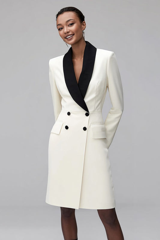 Ivory Black Shawl Lapel Double Breasted Short Blazer Dress with Sleeves