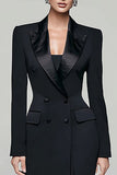 Black Pencil Peak Lapel Double Breasted Long Blazer Dress with Sleeves Black Pencil Peak Lapel Double Breasted Long Blazer Dress with Sleeves