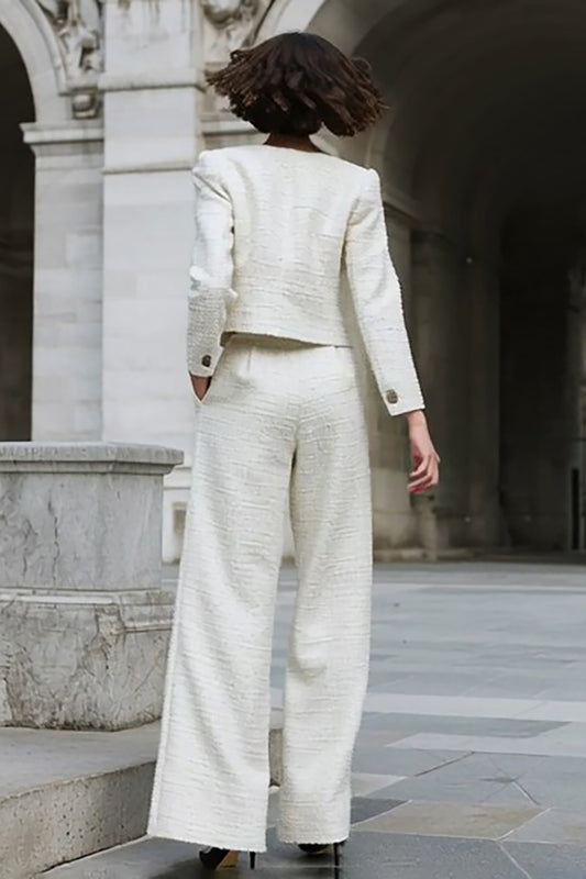 Ivory 2 Piece Long Sleeves Tweed Interview Outfits with Pockets