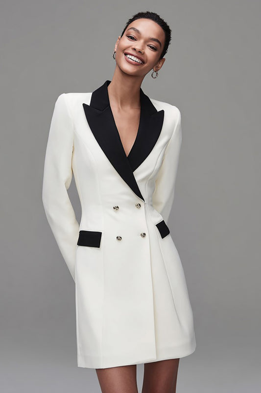 Ivory Peak Lapel Double Breasted Short Blazer Dress with Sleeves