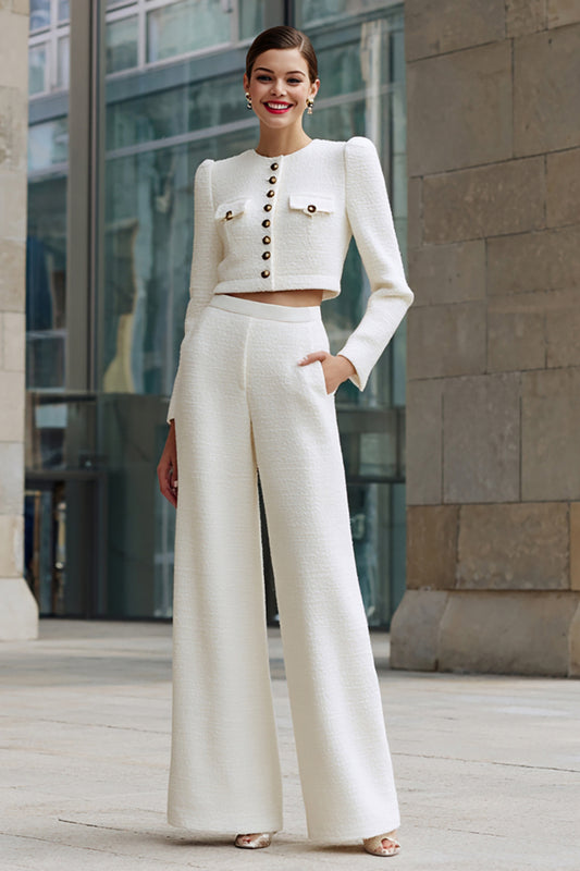 Ivory 2 Piece Single Breasted Tweed Interview Outfits with Pockets