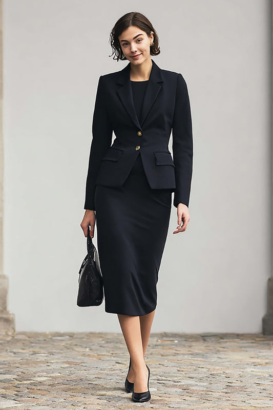 Black Two Piece Notched Lapel Pencil Midi Business Suits