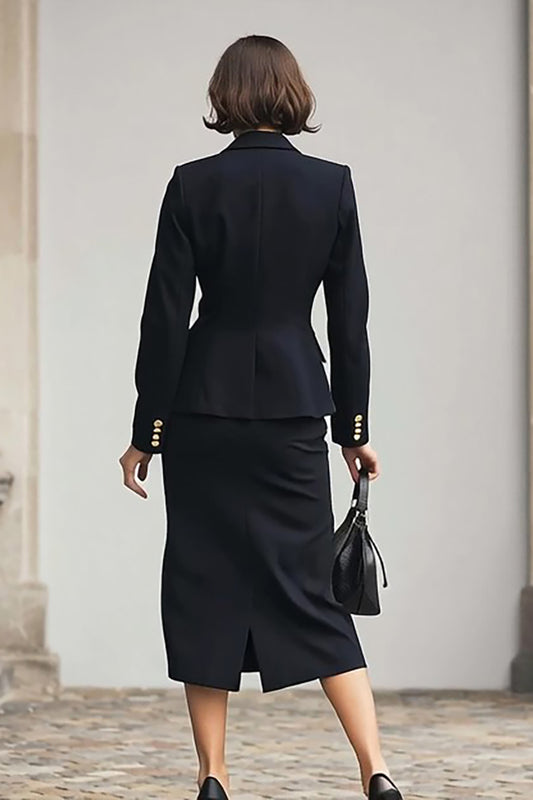 Black Two Piece Notched Lapel Pencil Midi Business Suits