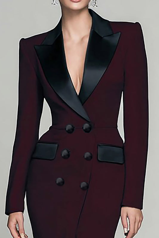 Burgundy Peak Lapel Double Breasted Long Blazer Dress with Slit