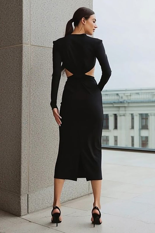 Black Cut Out Pencil Midi Work Dress with Sleeves