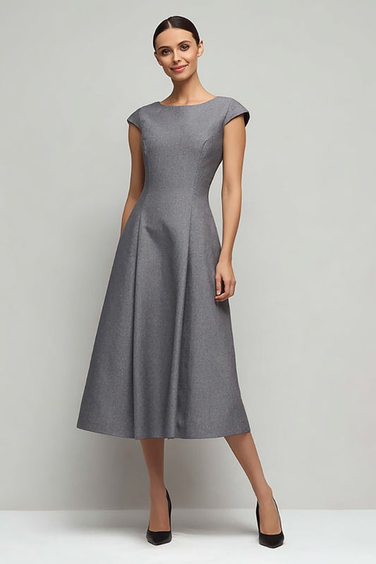 Simple Grey Boat Neck A Line Midi Work Dress with Sleeves
