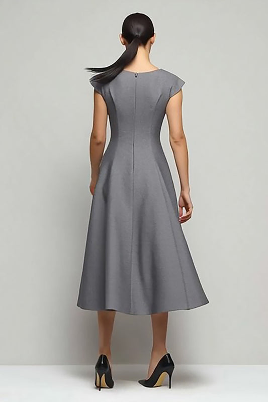 Simple Grey Boat Neck A Line Midi Work Dress with Sleeves