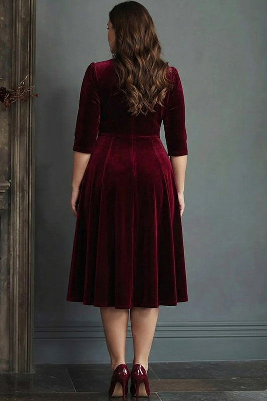 Plus Size Burgundy V-Neck A Line Midi Velvet Holiday Party Dress