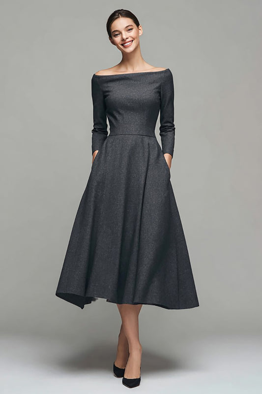 Dark Grey A Line Off the Shoulder Midi Work Dress with Sleeves