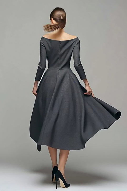 Dark Grey A Line Off the Shoulder Midi Work Dress with Sleeves