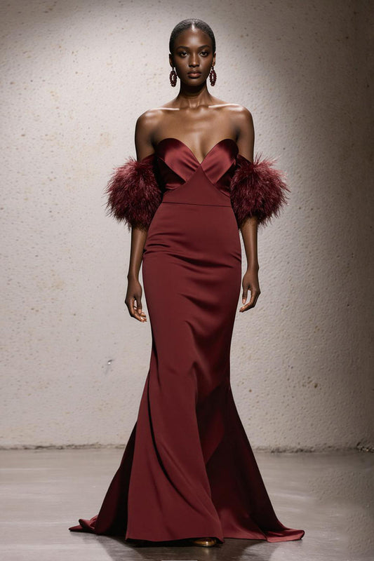 Burgundy Sweetheart Satin Mermaid Long Gala Dress with Feathers