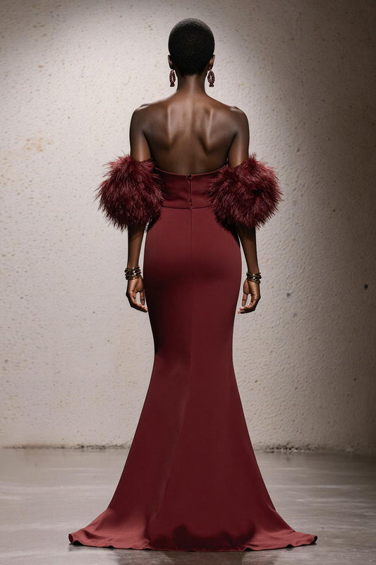Burgundy Sweetheart Satin Mermaid Long Gala Dress with Feathers