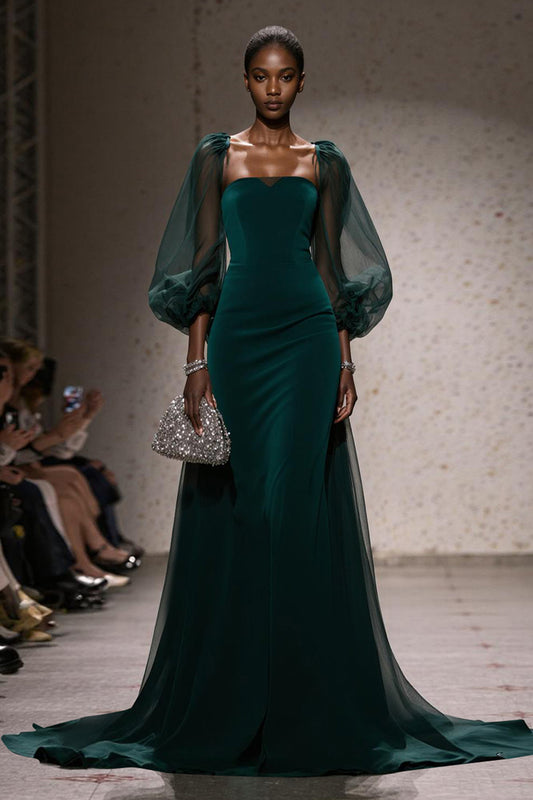 Dark Green Square Neck Mermaid Long Gala Dress with Sleeves