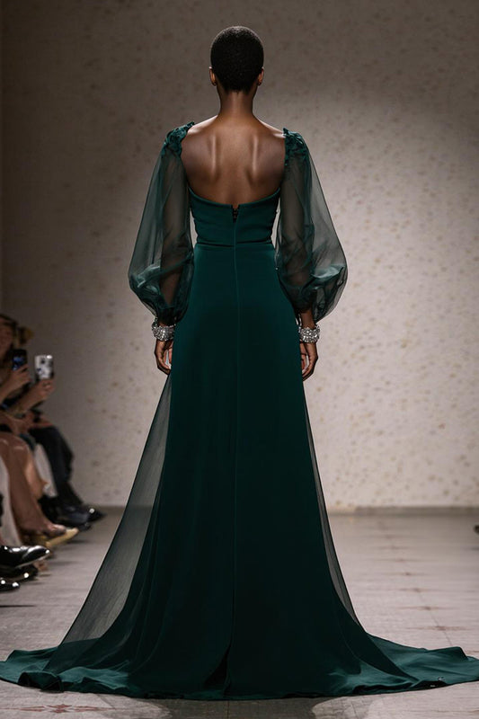 Dark Green Square Neck Mermaid Long Gala Dress with Sleeves