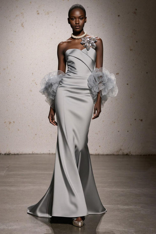 Silver Sweetheart Satin Ruched Mermaid Long Formal Dress