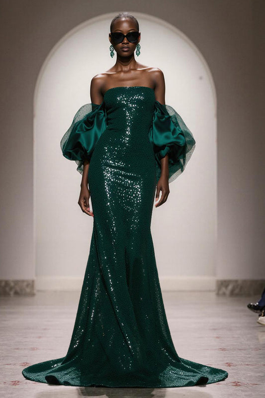 Sparkly Dark Green Strapless Sequin Mermaid Long Gala Dress with Sleeves