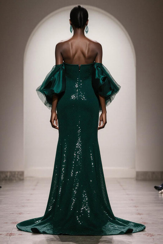 Sparkly Dark Green Strapless Sequin Mermaid Long Gala Dress with Sleeves