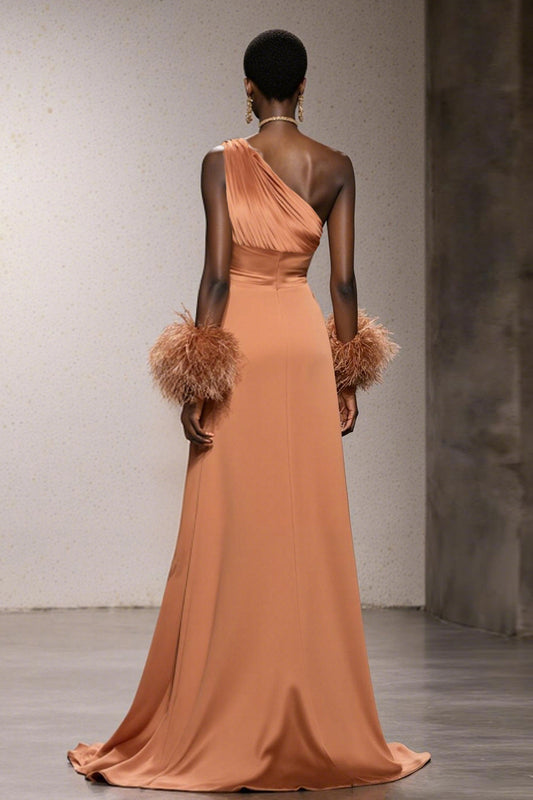Orange One Shoulder Satin Mermaid Long Formal Dress with Feathers