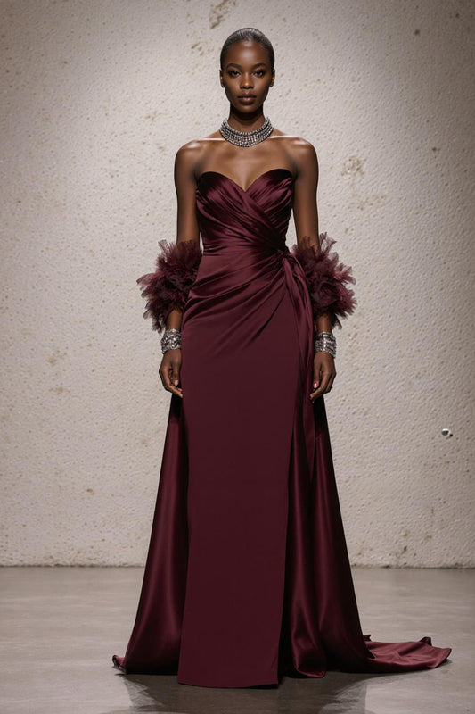 Burgundy Sweetheart Satin Ruched Mermaid Long Formal Dress