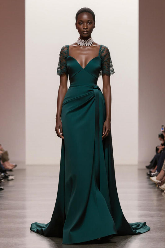 Dark Green Sweetheart Satin Mermaid Long Formal Dress with Sleeves