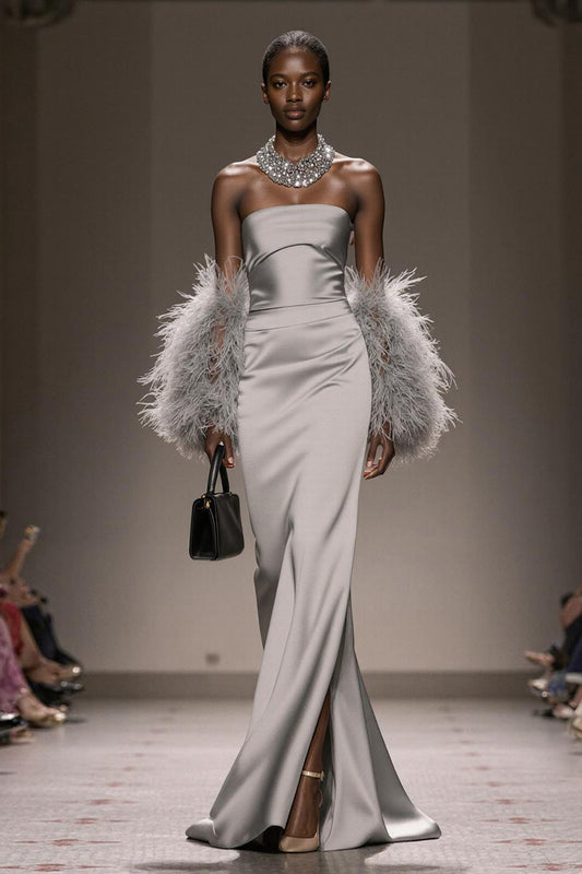 Silver Satin Strapless Mermaid Long Formal Dress with Slit