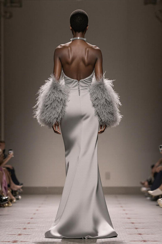 Silver Satin Strapless Mermaid Long Formal Dress with Slit