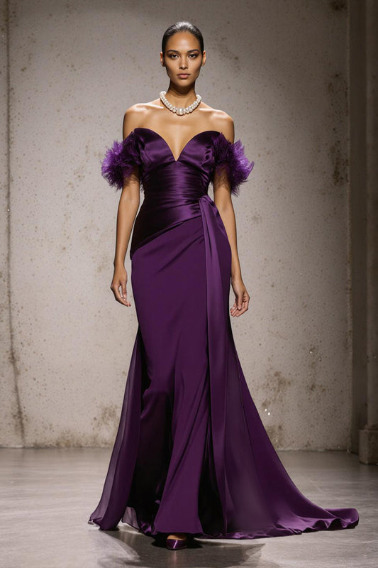 Purple Satin Off the Shoulder Mermaid Long Formal Dress with Feathers