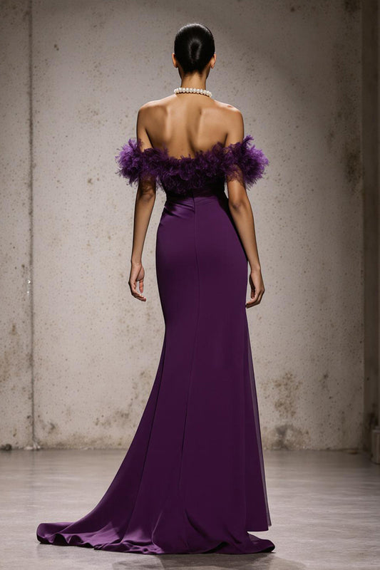 Purple Satin Off the Shoulder Mermaid Long Formal Dress with Feathers