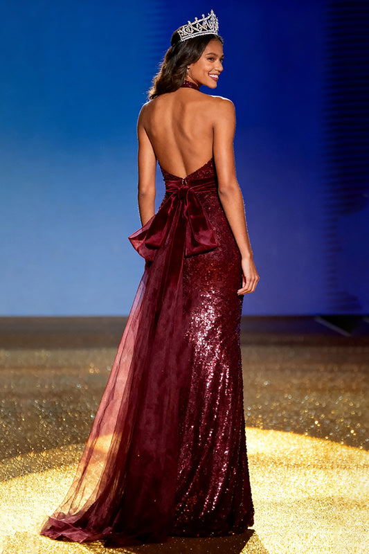 Sparkly Burgundy Halter Sequin Mermaid Long Pageant Dress with Bow