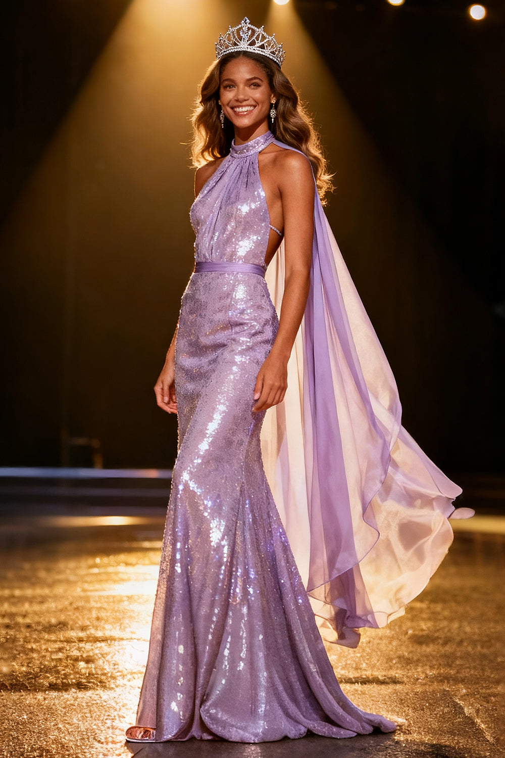 Zapakasa Women Sparkly Light Purple Sequin Long Pageant Dress Halter Mermaid Backless Gala Dress with Cape Zapakasa Women Sparkly Light Purple Sequin Long Pageant Dress Halter Mermaid Backless Gala Dress with Cape