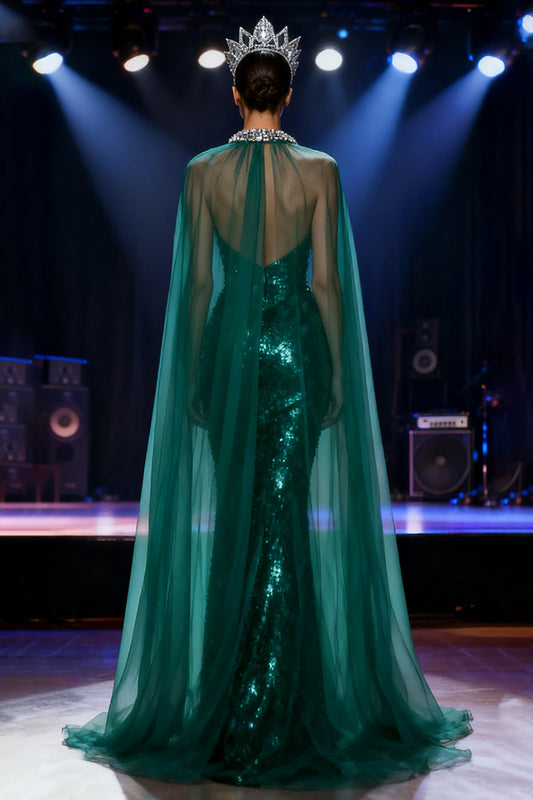 Sparkly Dark Green Sequin Mermaid Halter Long Pageant Dress with Cape