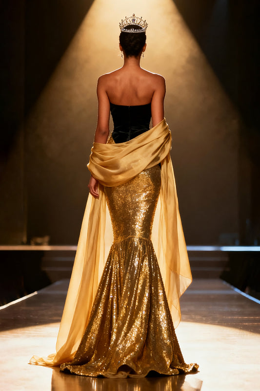 Sparkly Gold Mermaid Strapless Long Pageant Dress with Shawl